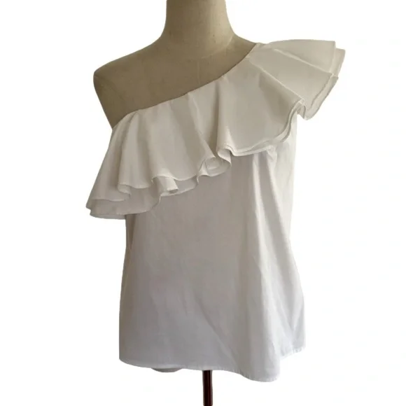 90s CHELSEA & THEODORE OFF ONE SHOULDER BOHO COTTON BLEND WHITE RUFFLE TOP SZ 8 - Picture 1 of 7